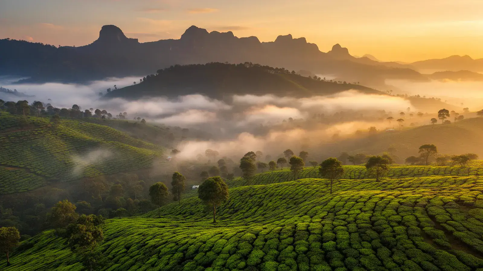 Misty Nilgiri hills at golden hour with lush green tea plantations
